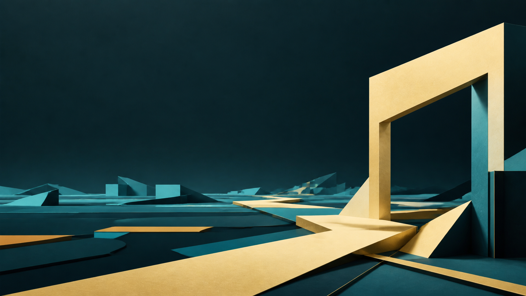 Cream-gold gateway and cyan routes opening across a dark teal field