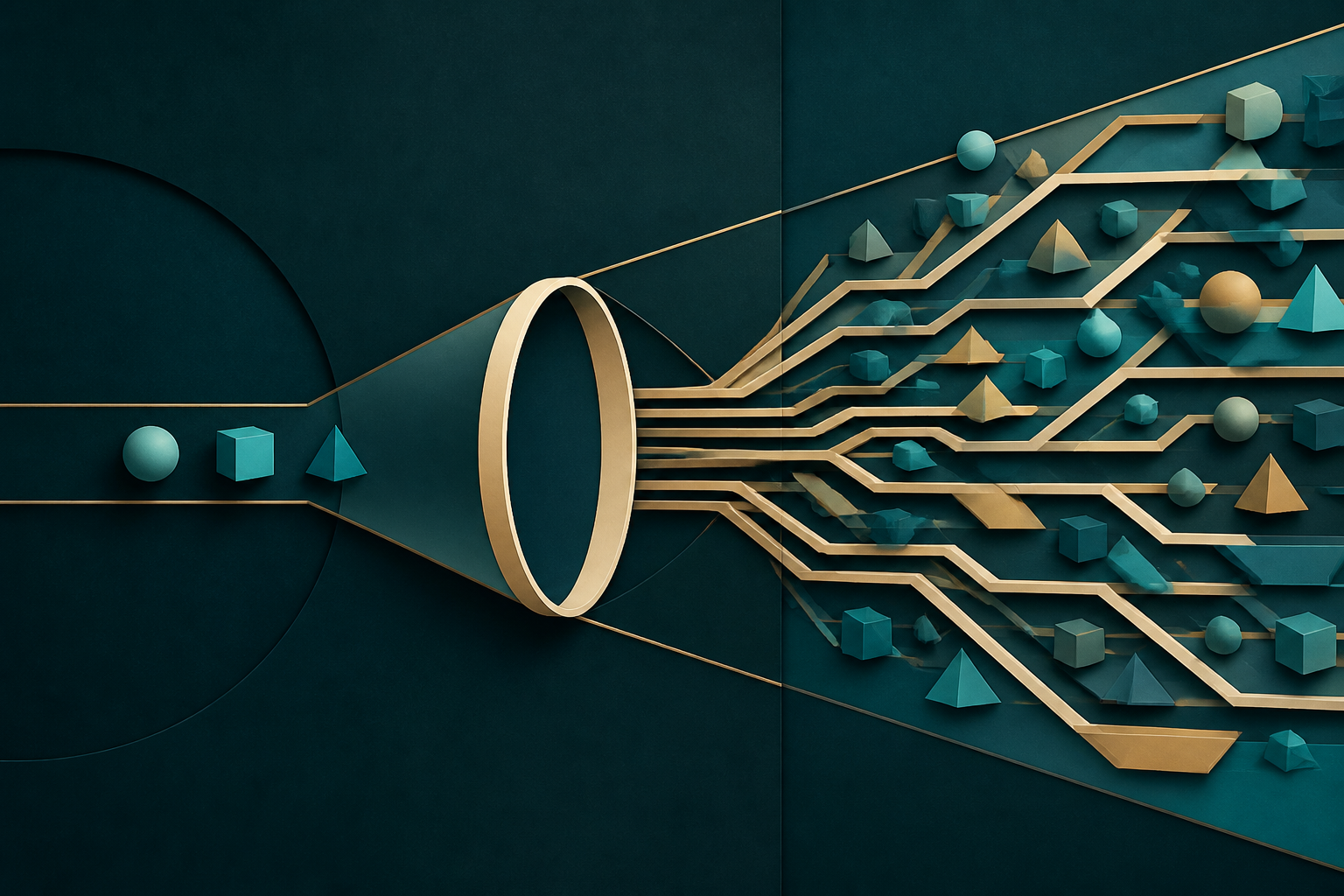 Cream-gold geometric forms transform into an open cyan field of possible routes on dark teal