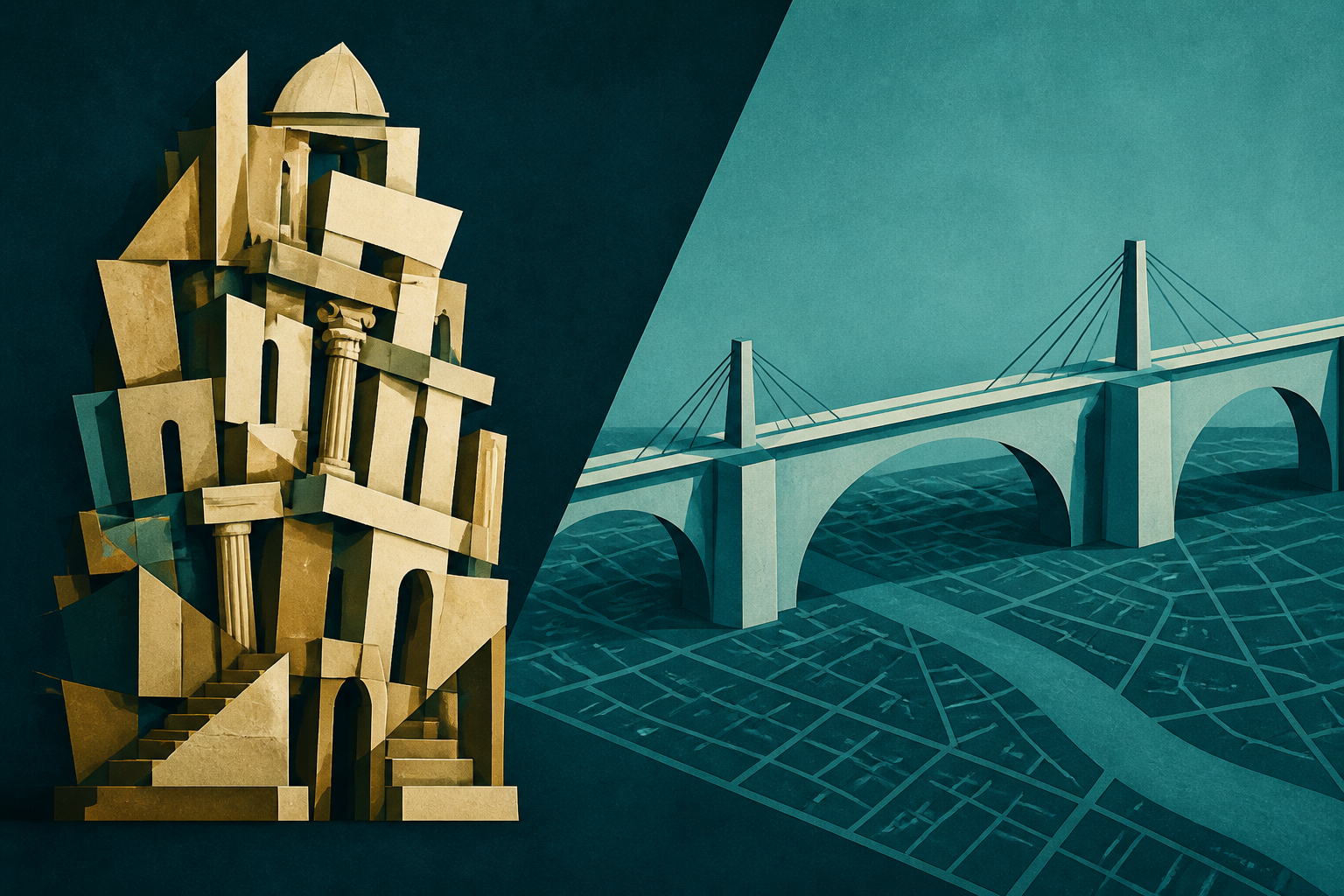 A fragmented cream-gold scholarly tower faces a cyan bridge across an abstract town plan