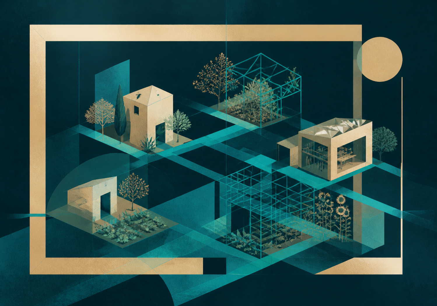An open cream-gold frame contains cyan paths linking small abstract homes, gardens and a workshop