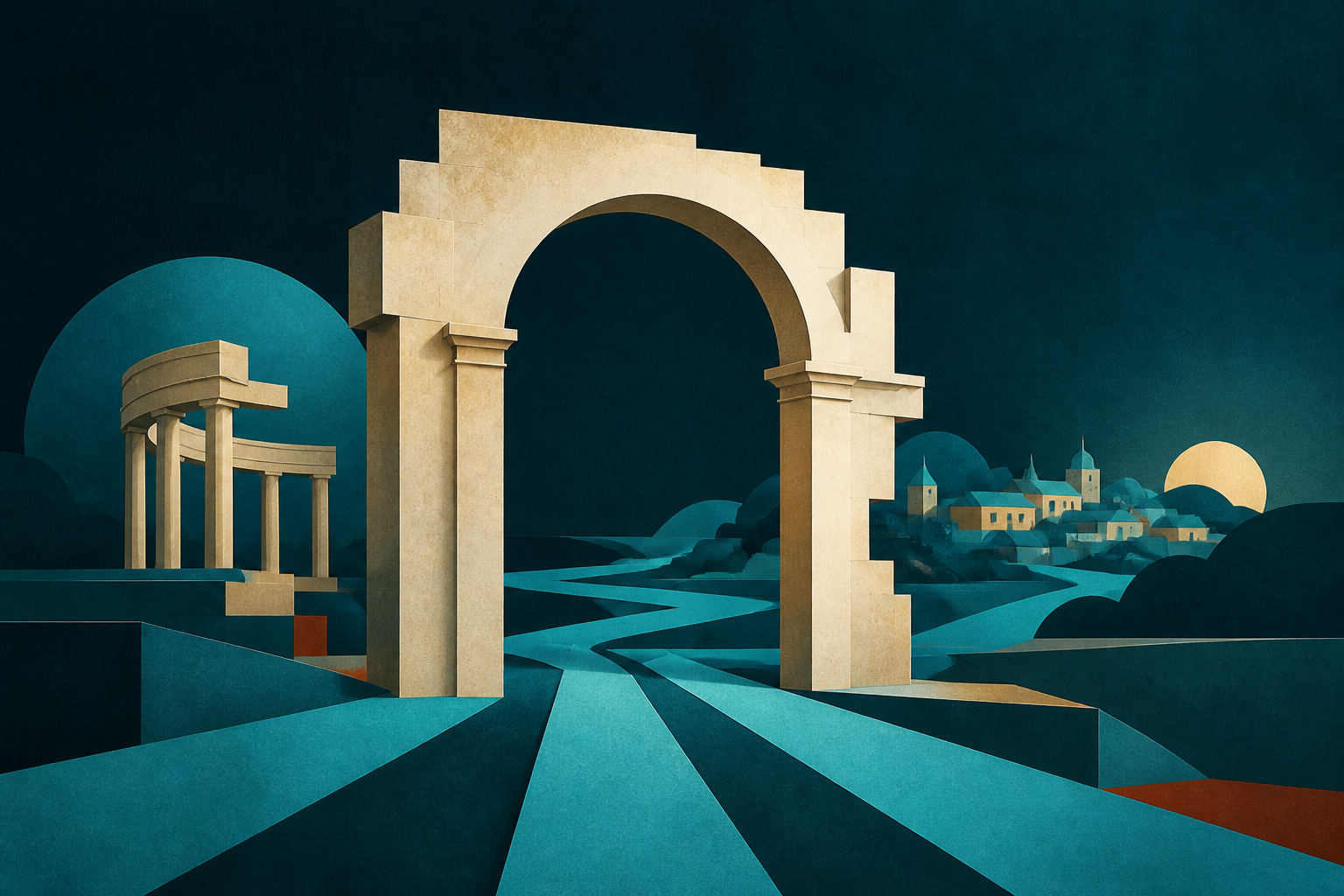 Cream-gold arch and cyan paths opening toward an abstract town on a dark teal field