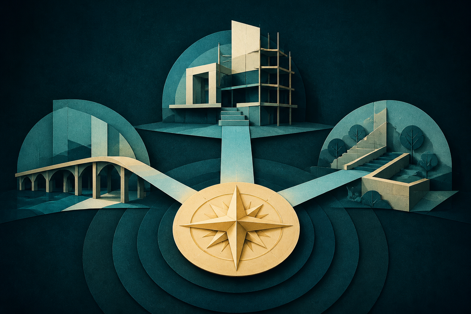 A cream-gold compass-like centre connects cyan paths to three unfinished civic forms