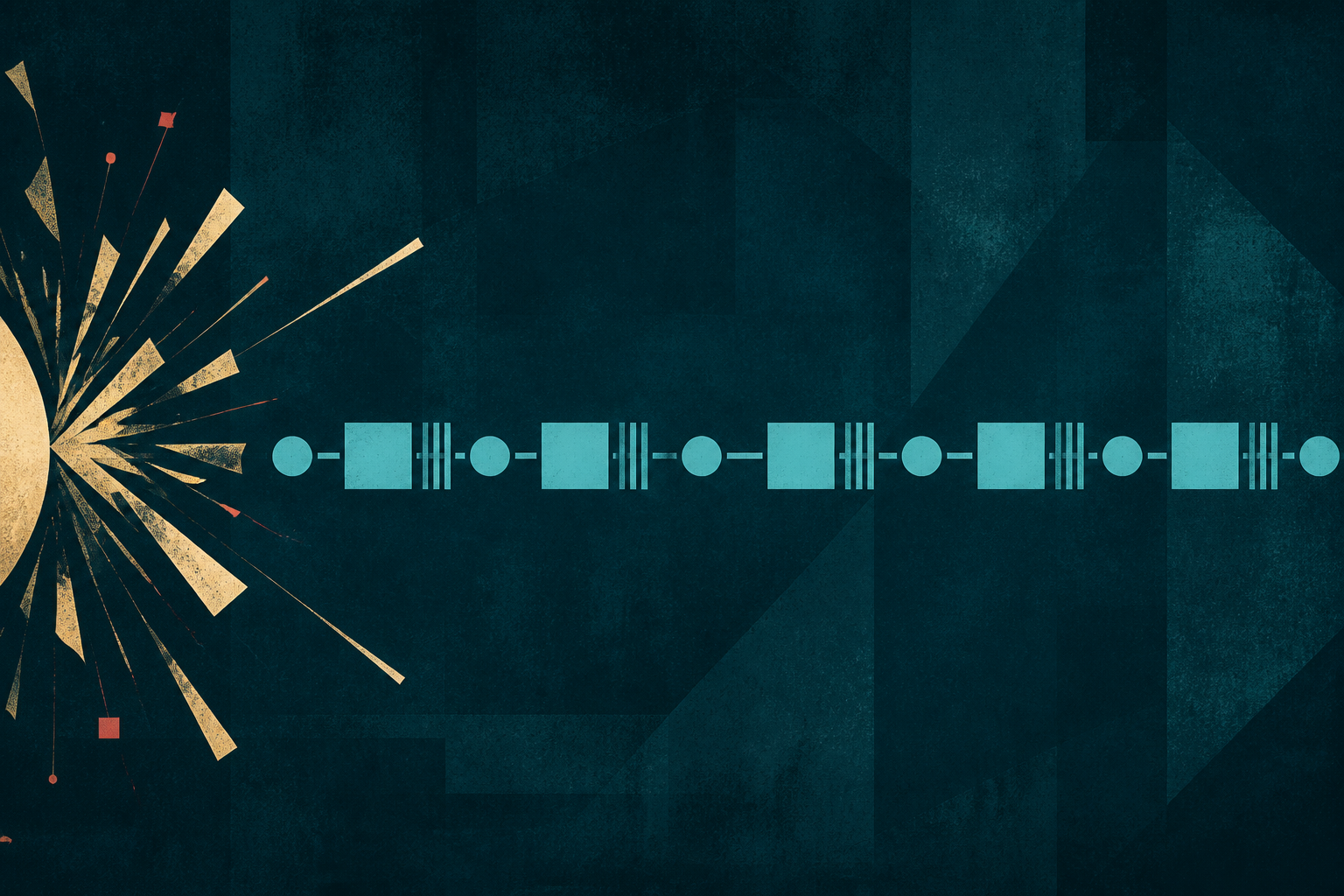 A cream-gold burst at the edge of a dark teal field, beside a steady cyan sequence of geometric modules