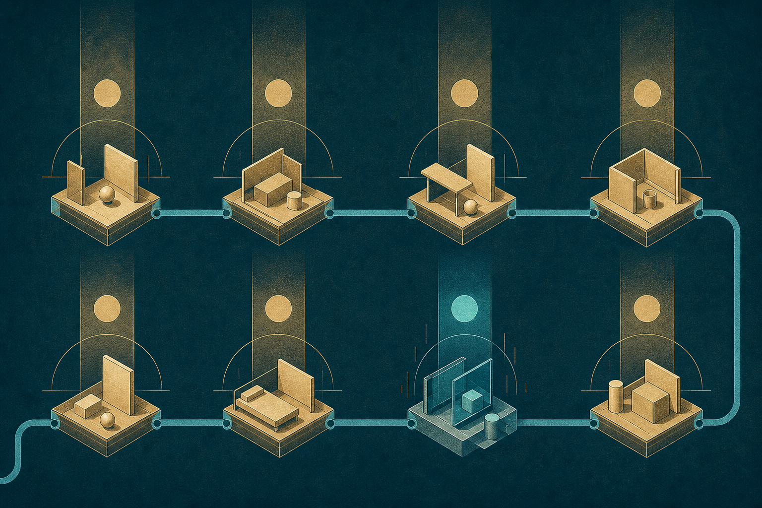 A cyan route connecting a series of quiet cream-gold geometric stations on a dark teal field