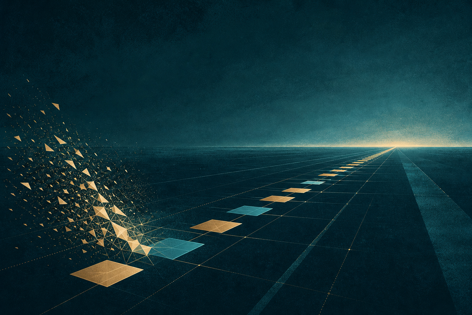 A small cream-gold flare dissolving into a long cyan and gold path toward a bright horizon on dark teal