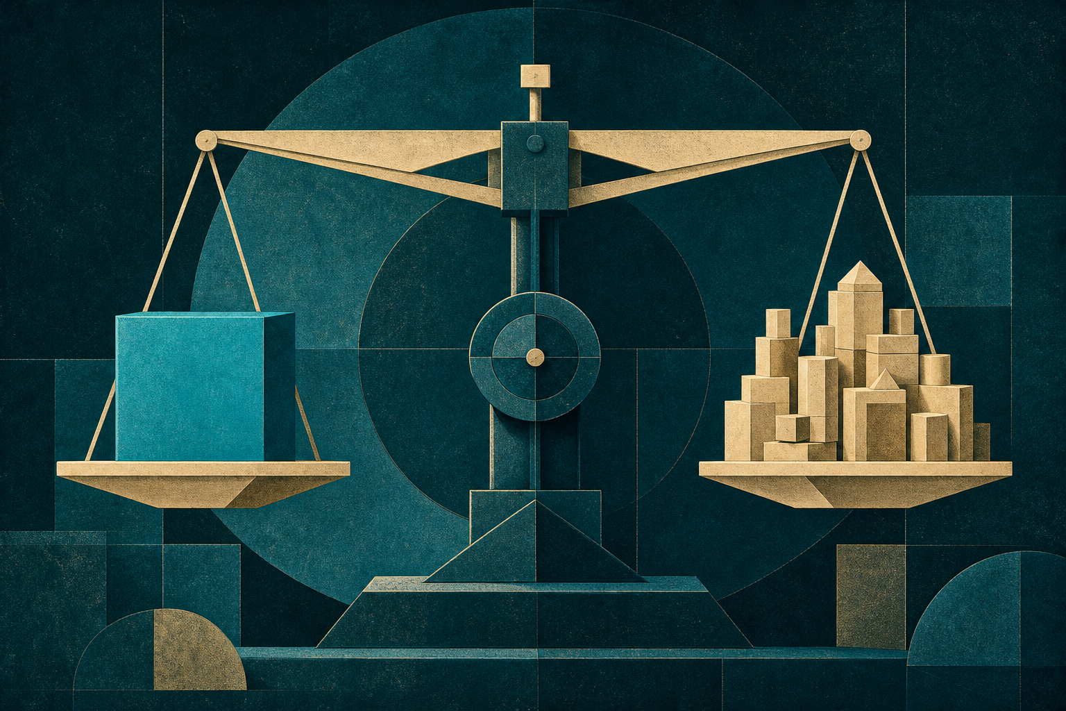 A cream-gold geometric balance weighing one large cyan block against many smaller cream-gold modules
