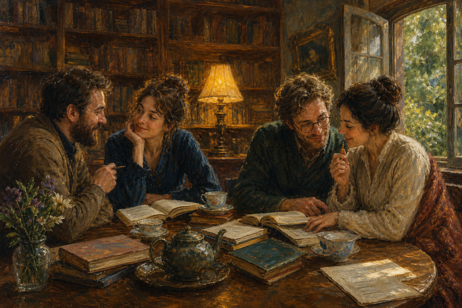 Warm old library scene with four adults collaborating in two pairs