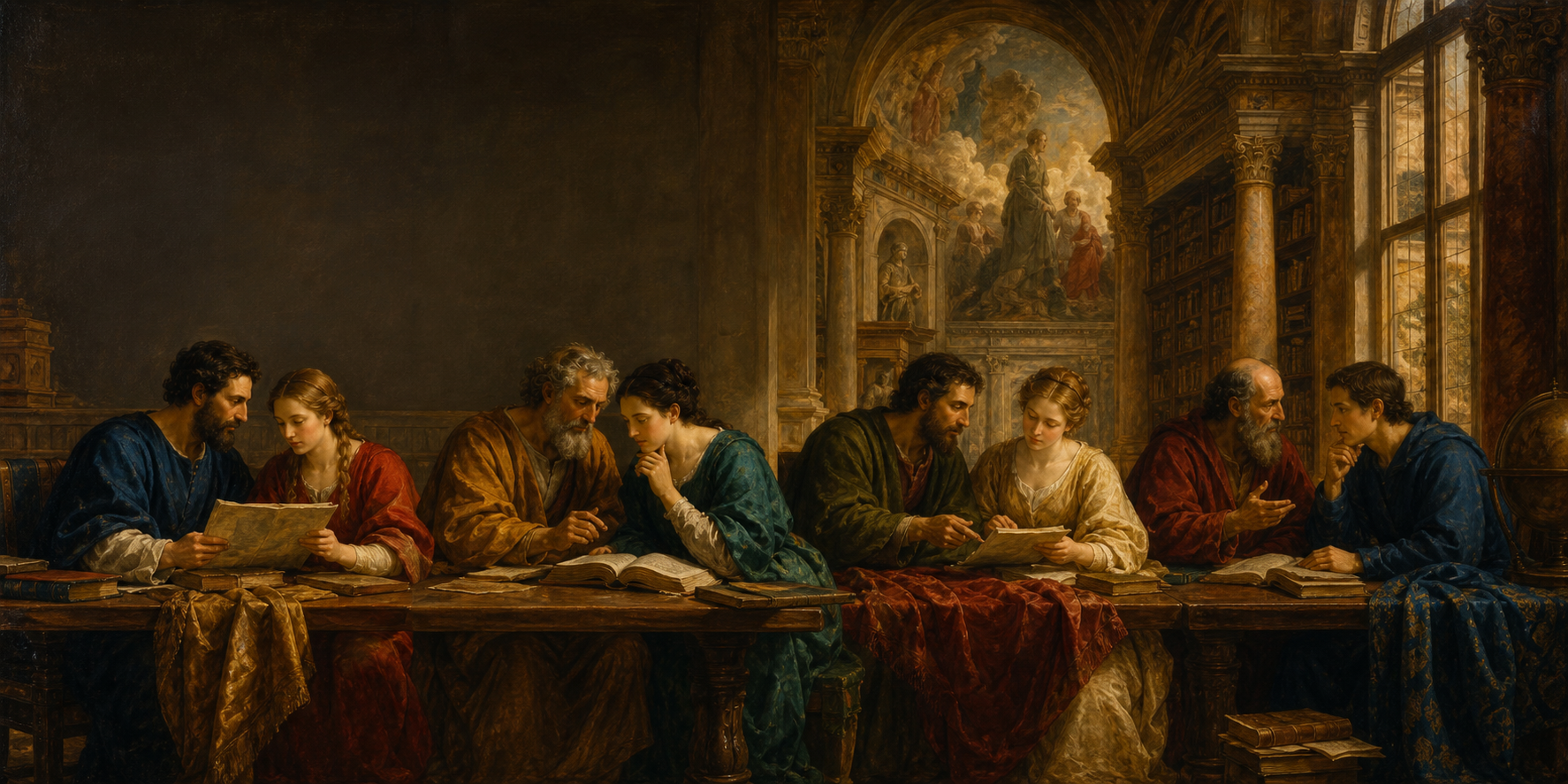 Classical painted mural of four collaborative dual pairings in a library hall