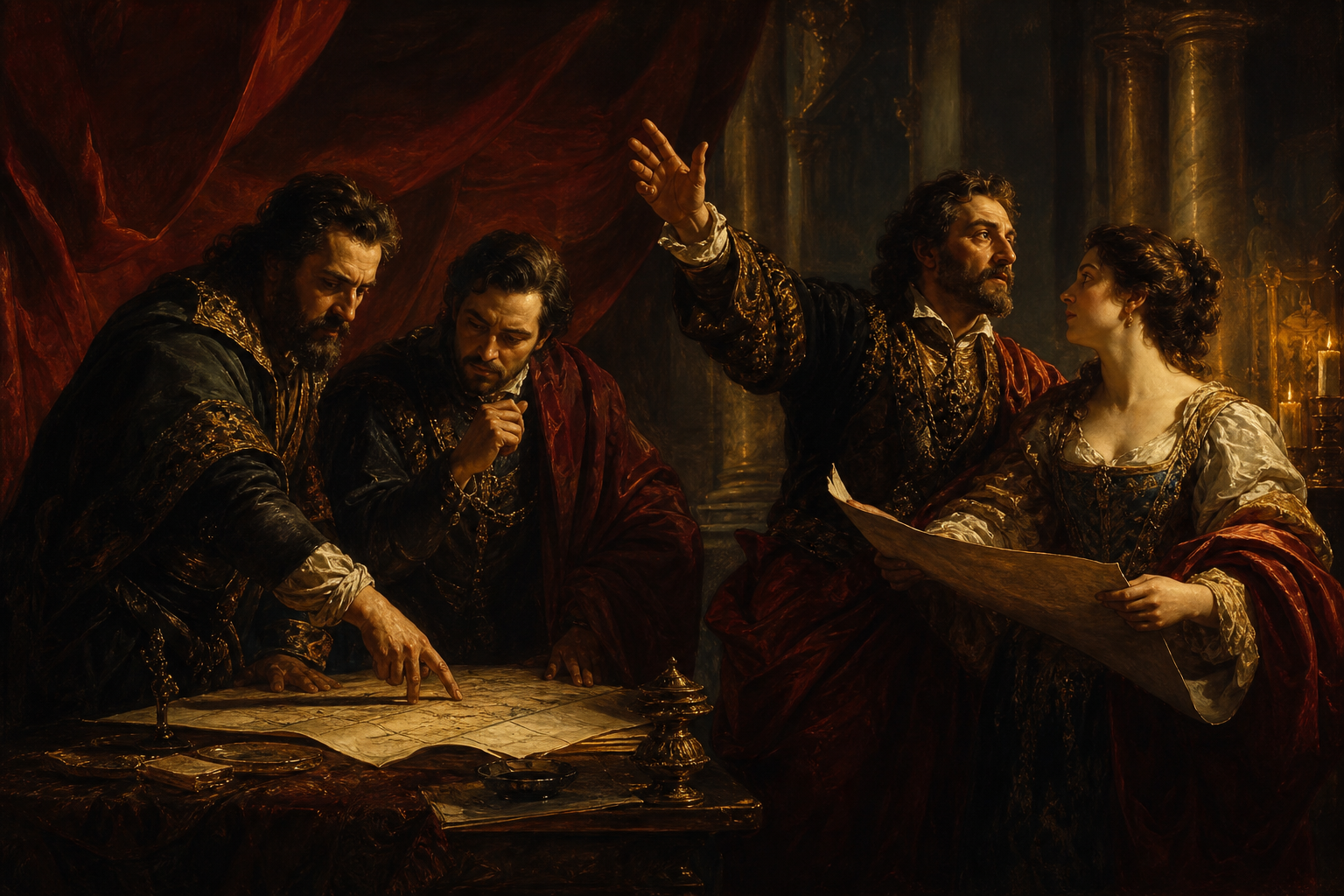 Baroque candlelit hall with four adults in dramatic collaboration