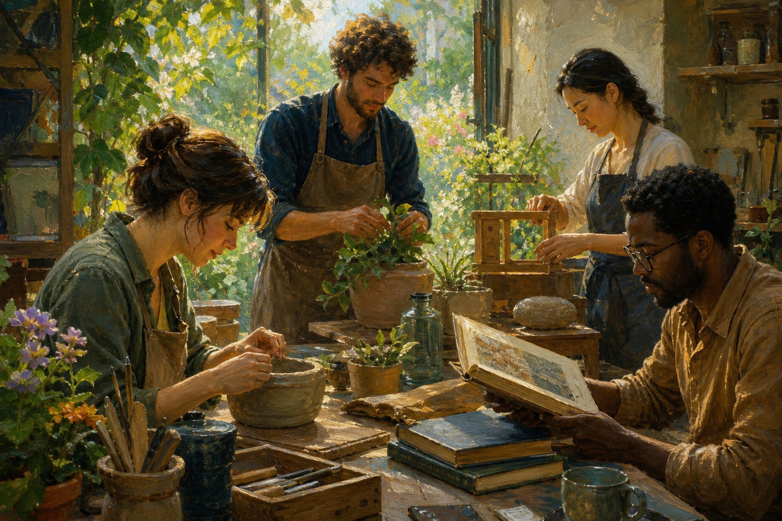 Sunlit garden workshop with four adults working among plants, tools, and books