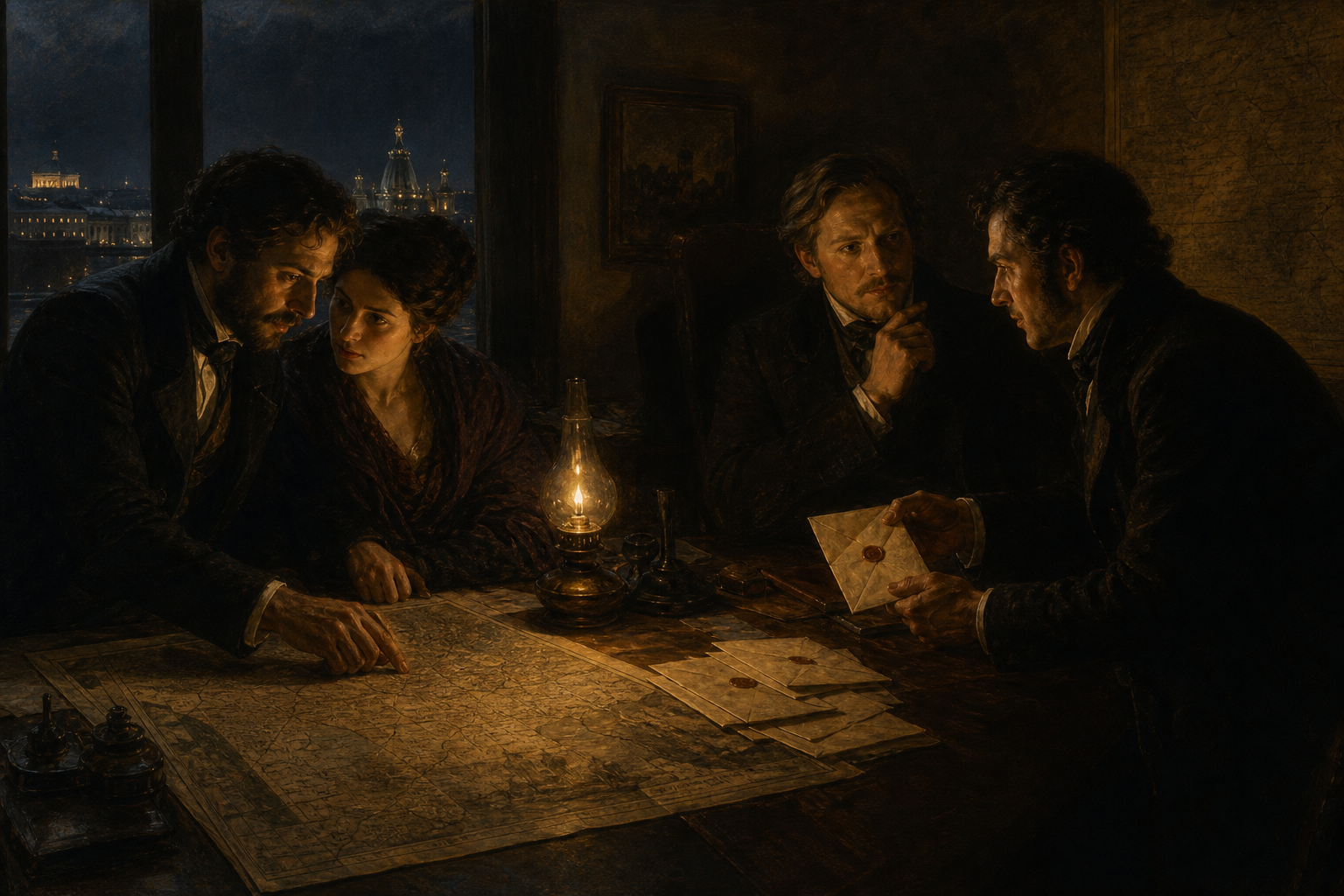 Dim strategy room with four adults around maps and sealed letters