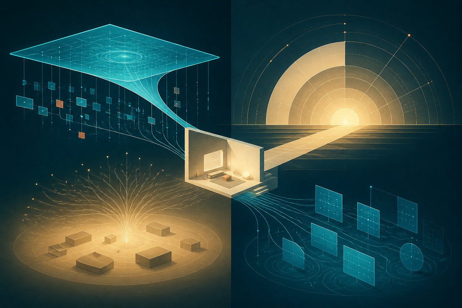 Cyan and cream-gold systems meet through a shared illuminated room on a dark teal field