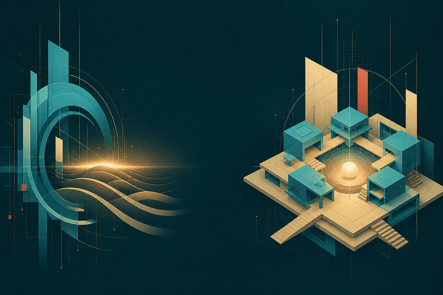 Two cyan and cream-gold public systems face a shared illuminated gathering place