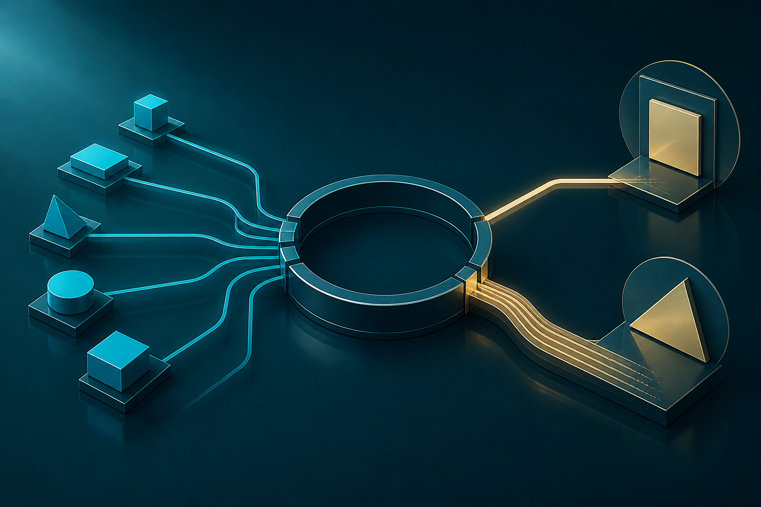 Cyan and cream-gold routes enter a central open decision space and leave along separate paths