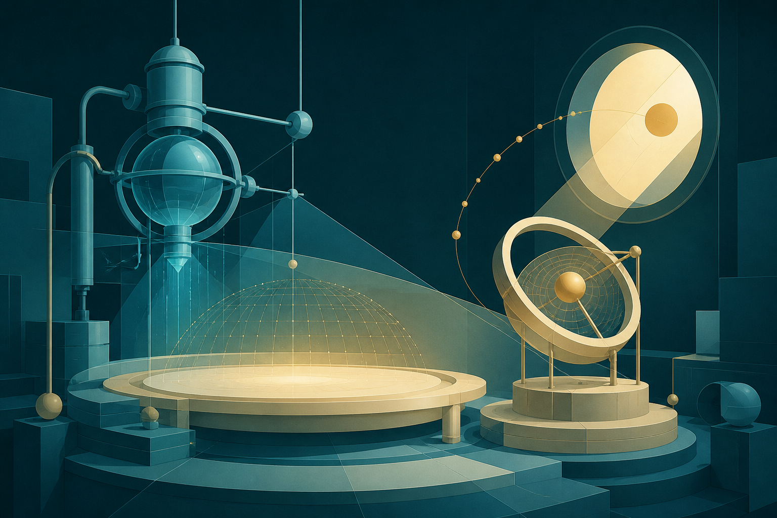 Cyan and cream-gold instruments coordinate around an illuminated geometric workshop