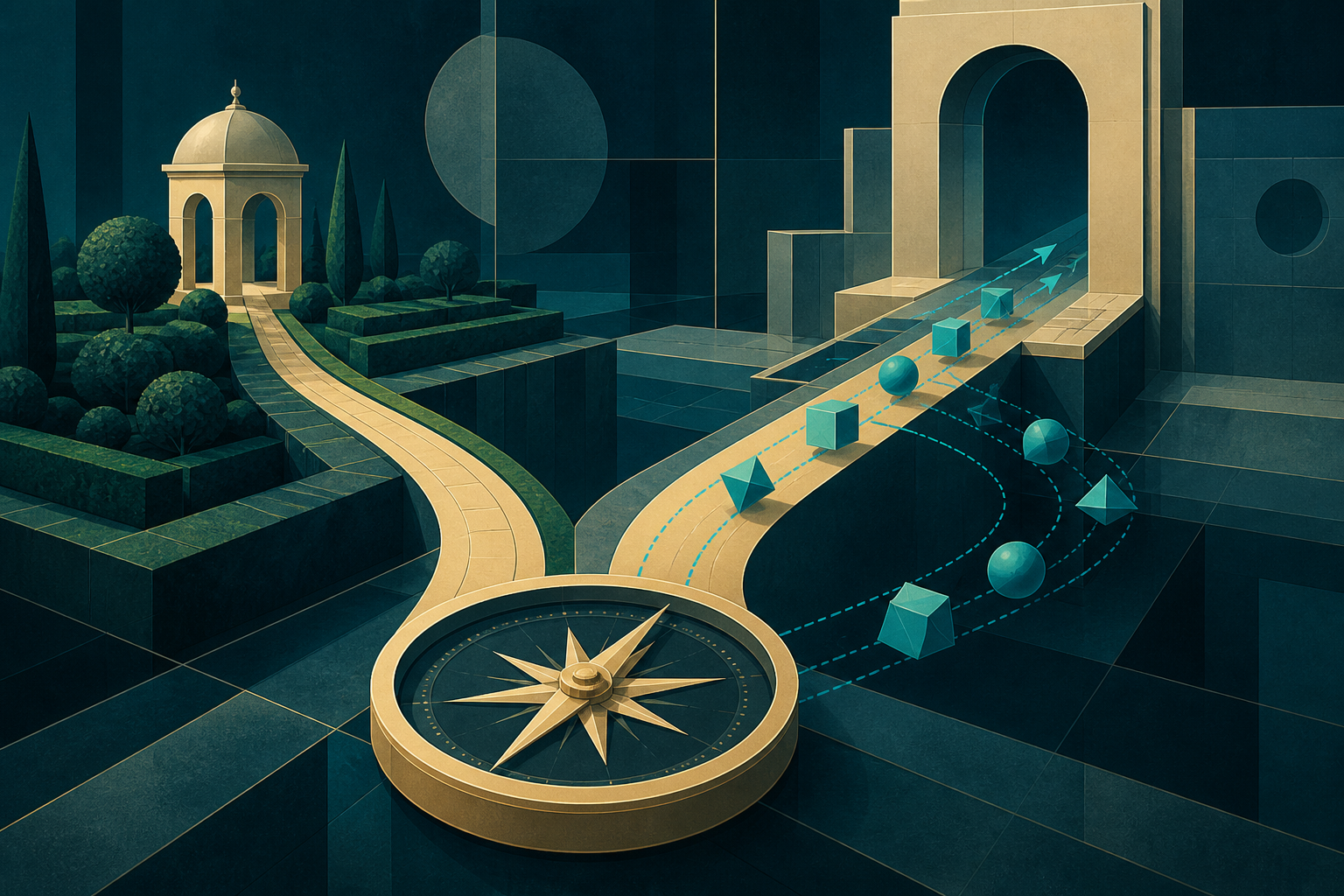 Cream-gold and cyan pathways split between a quiet garden route and a grand empty archway