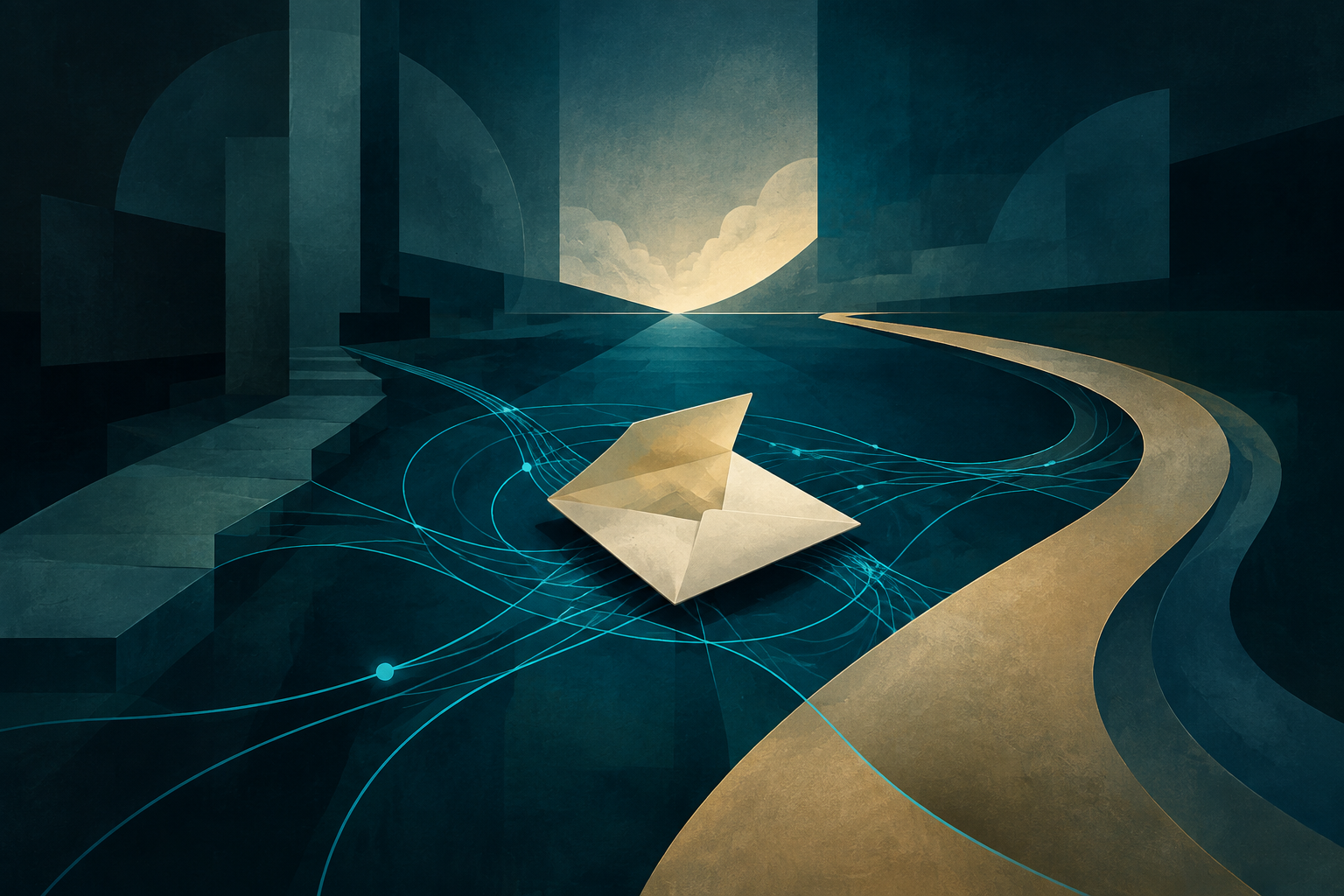 An abstract cream-gold open letter rests among cyan relation-lines and diverging dark teal paths
