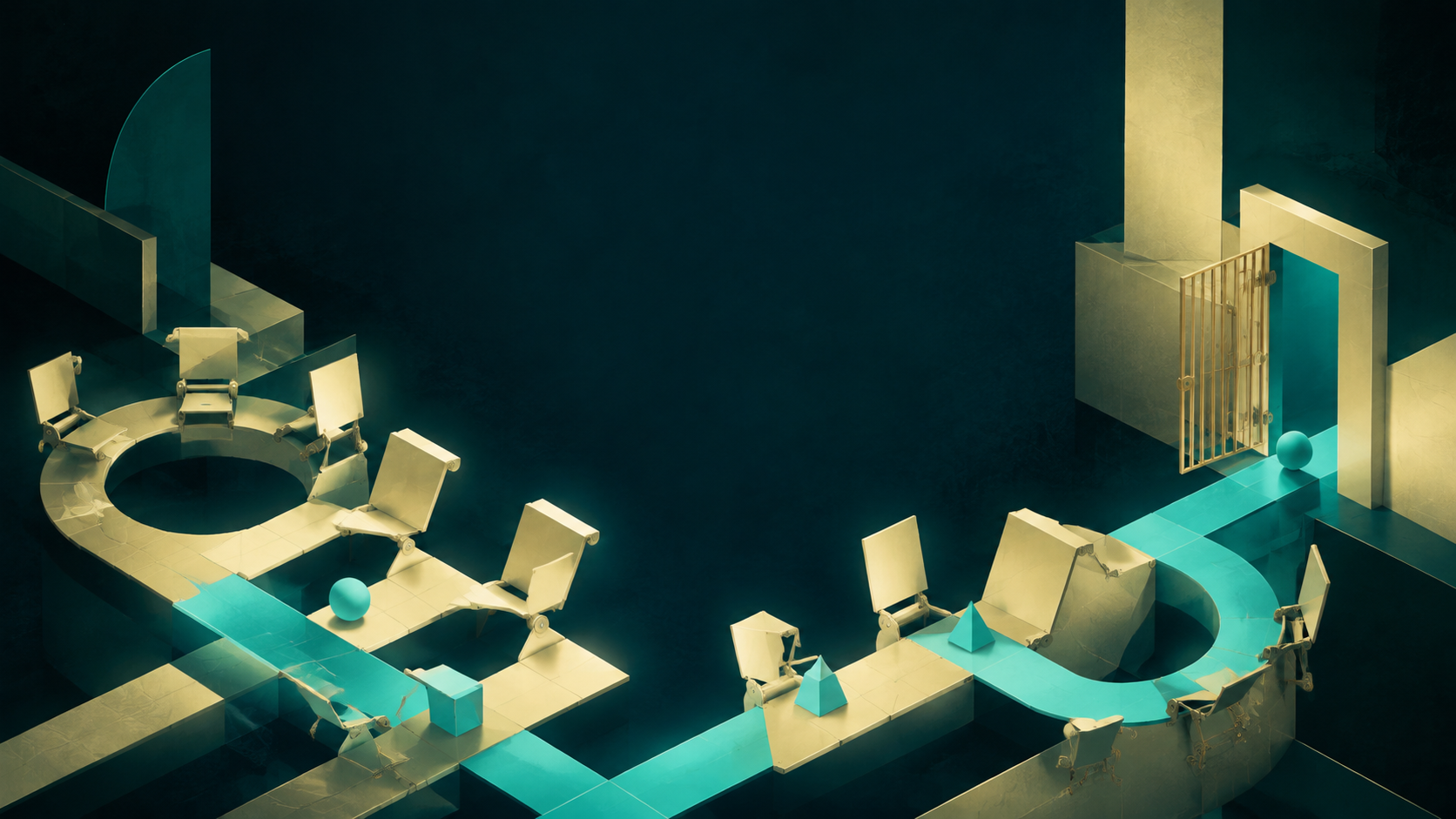 Cream-gold and cyan social pathways rearranged in a dark teal room