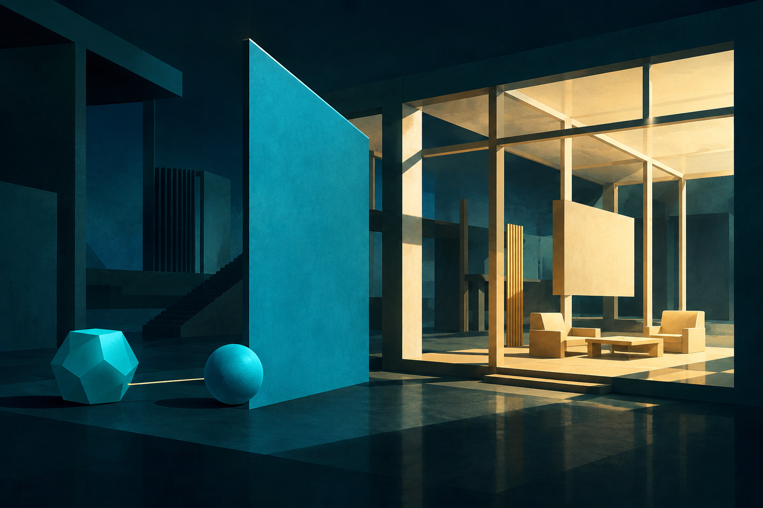 A large cyan plane separates two cyan forms from an open cream-gold drawing room