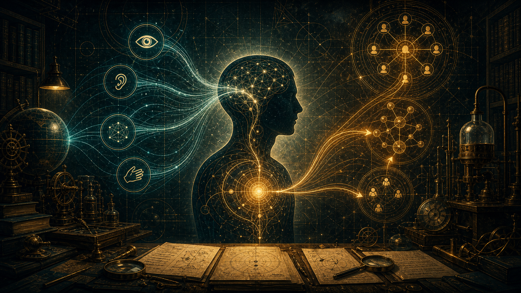 Energy and information flowing through a human silhouette and analytic diagrams