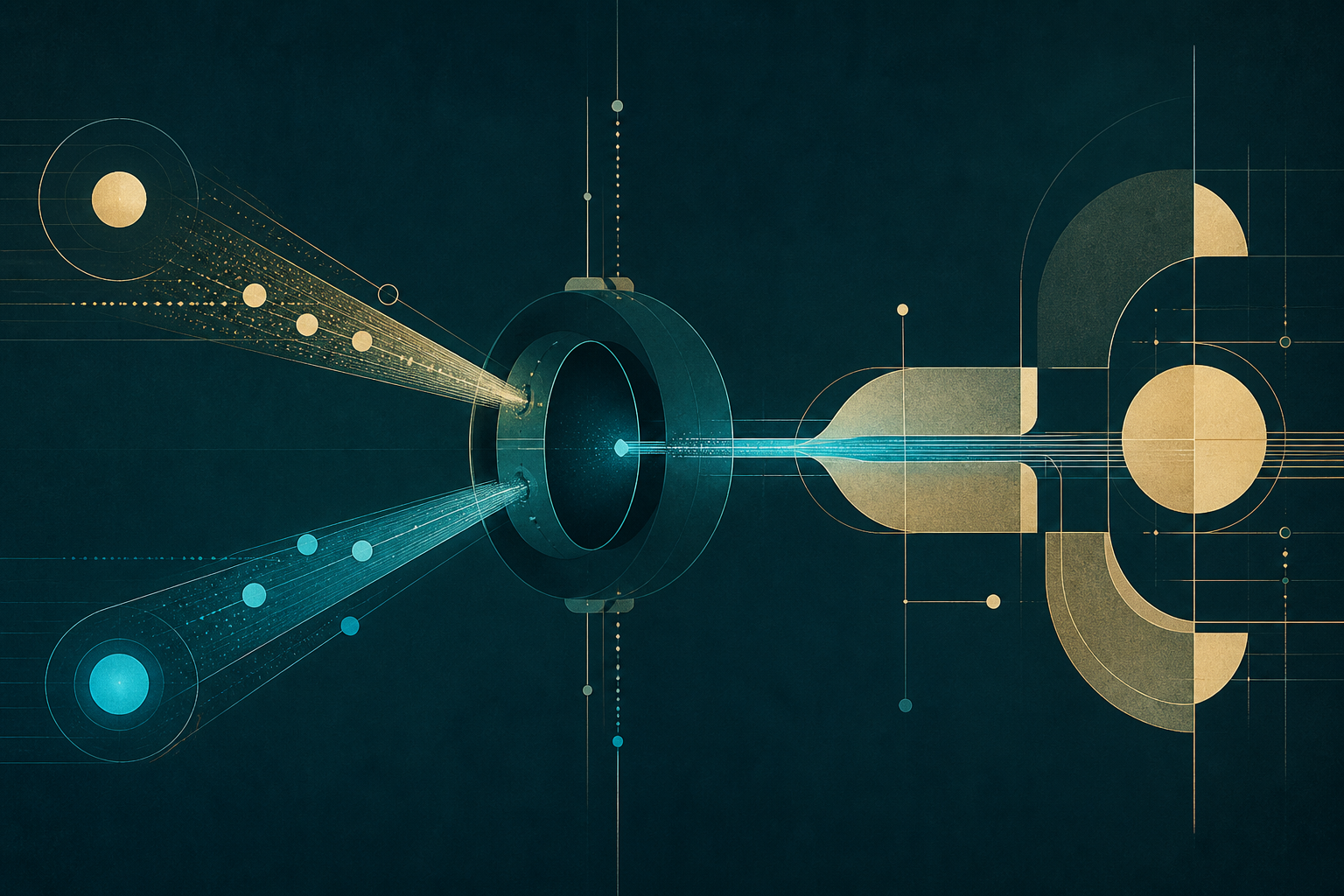 Cyan and cream-gold signal paths enter a dark teal intake chamber before joining a larger circuit
