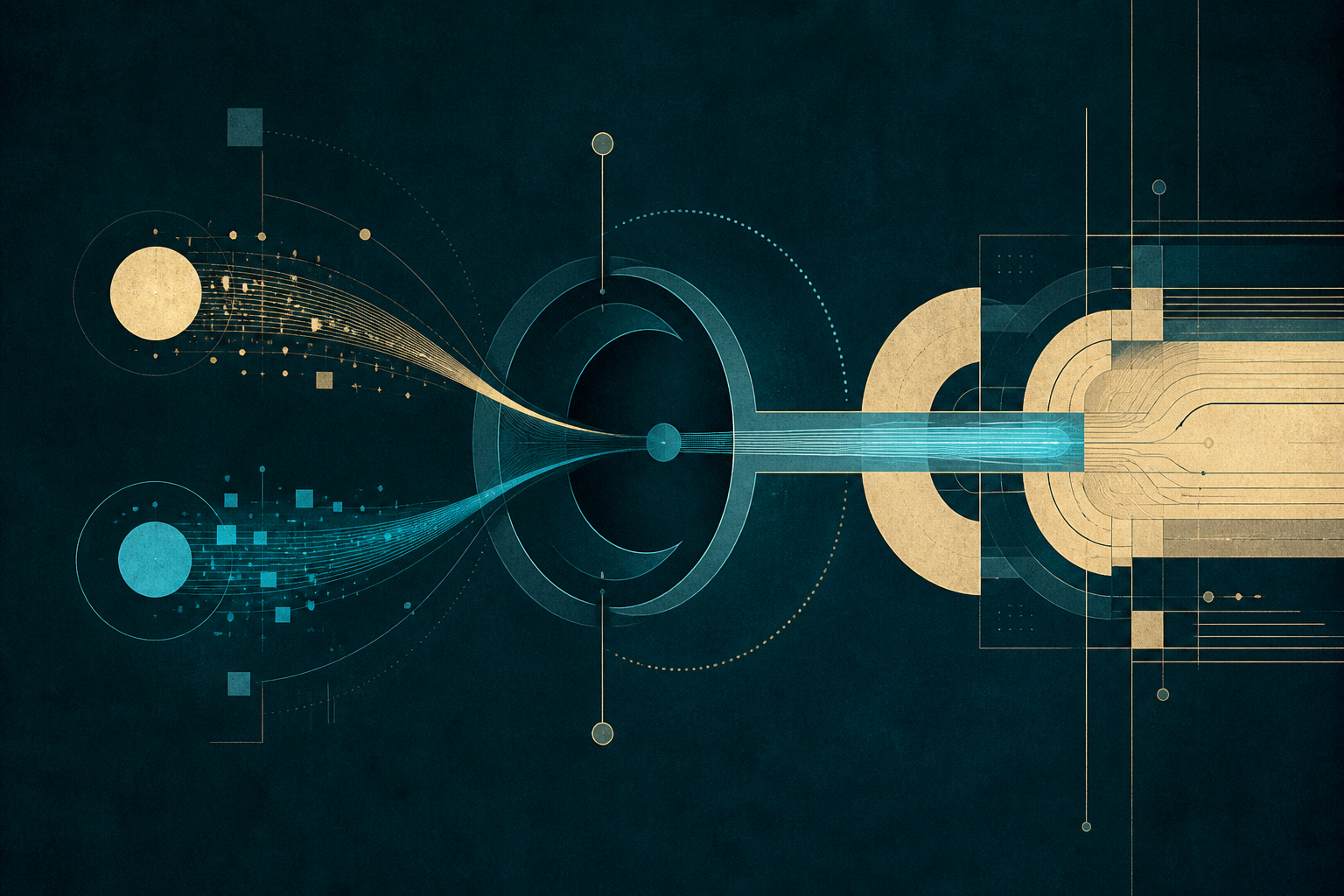 Cyan and cream-gold streams enter a constructivist intake system and become part of a larger cream-gold operation