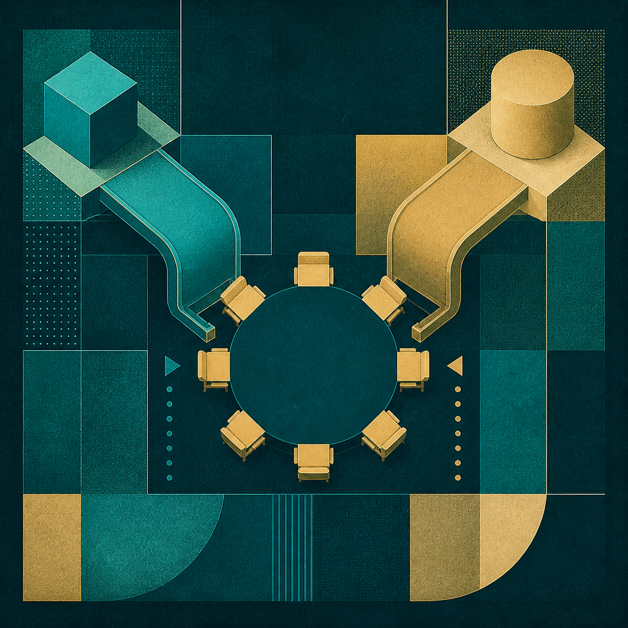 Cyan and cream-gold constructivist signal paths meet at a calm boundary and redirect into separate larger circuits