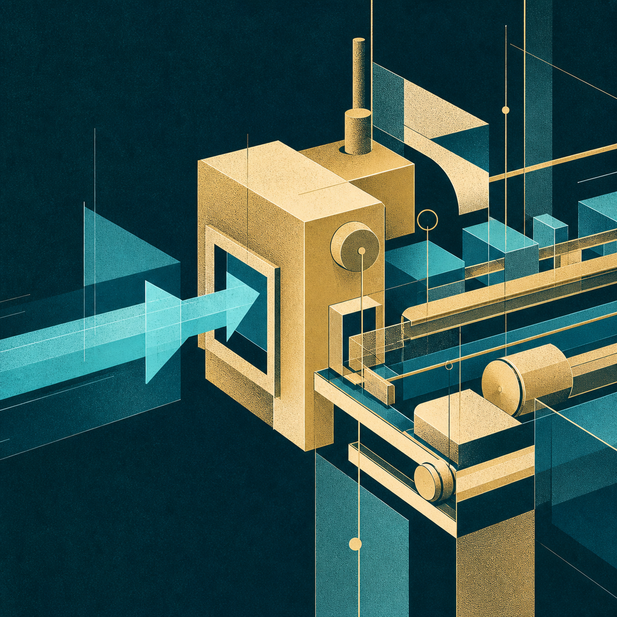 A cyan and cream-gold abstract meeting table with two different intake channels on a dark teal field