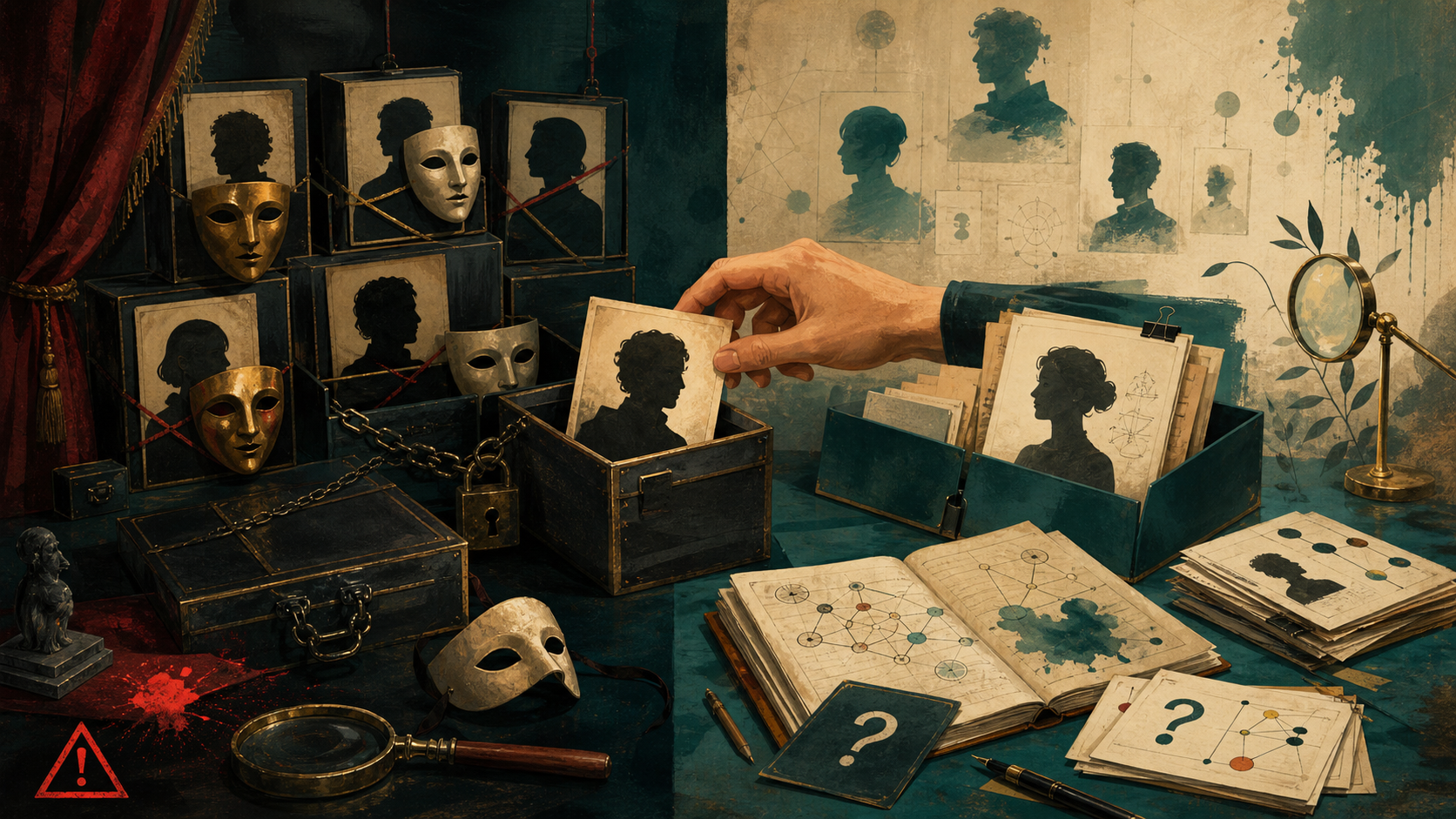 Anonymous silhouette portraits moving from rigid boxes and stage masks into open evidence folders