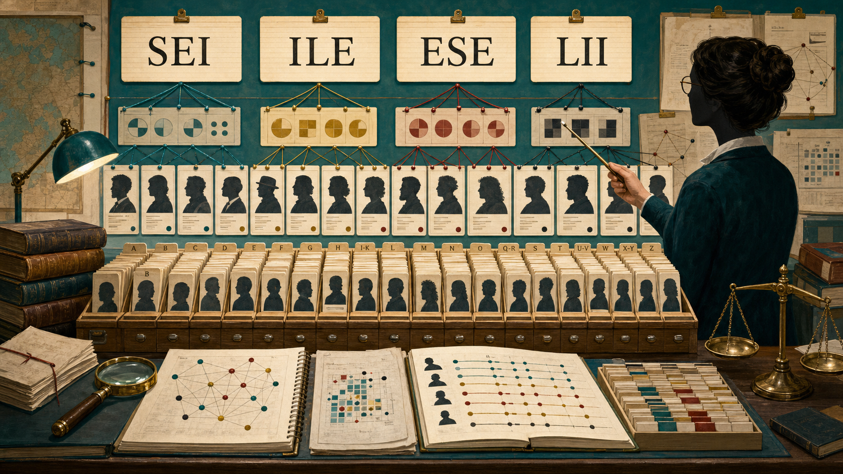 Anonymous profile cards arranged under clear Socionics type-code cards including SEI, ILE, ESE, and LII