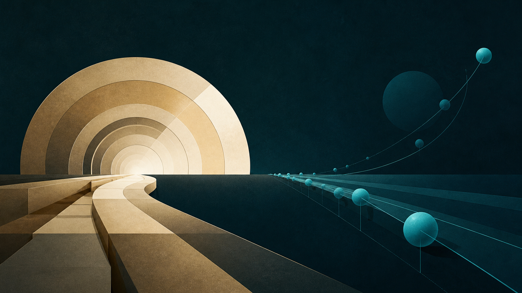 Cream-gold and cyan temporal paths share a horizon on a dark teal field