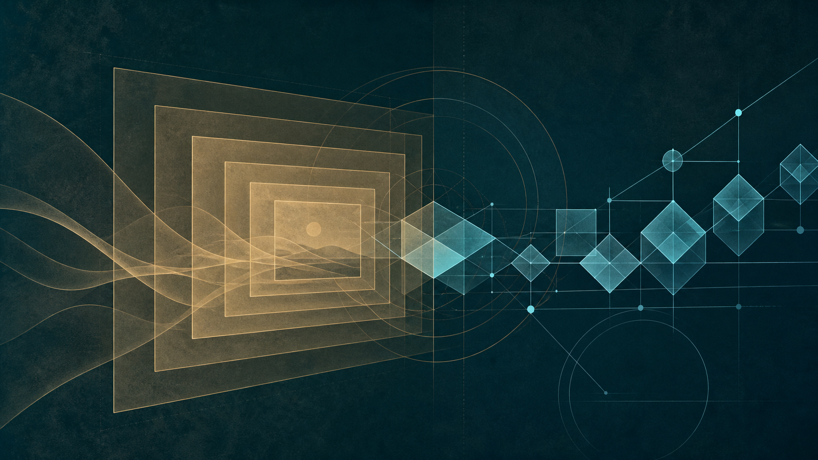 Cream-gold nested frames and cyan linked geometric indicators intersect on a dark teal field