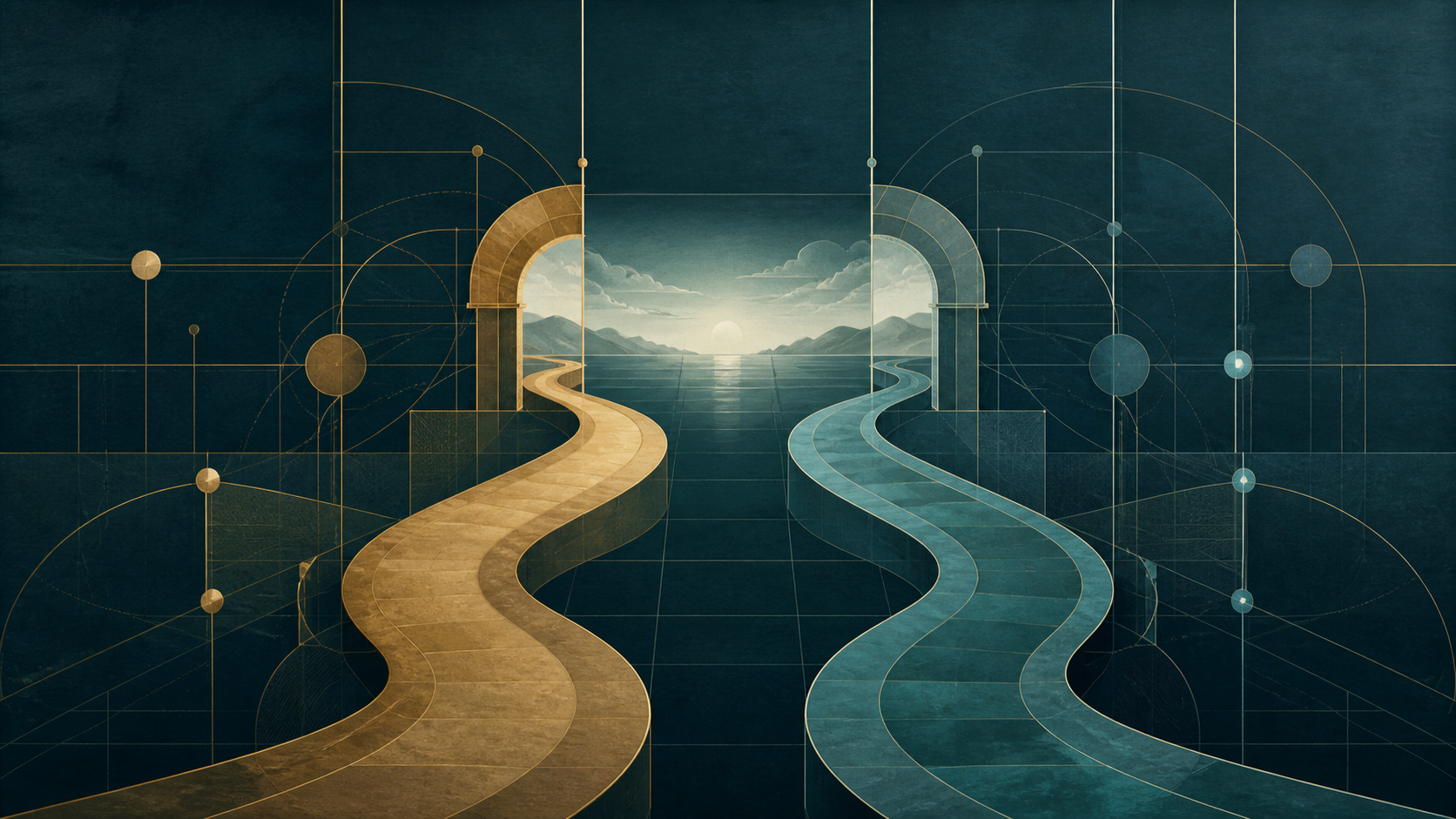 Cream-gold and cyan paths pass through separate architectural gates toward a shared horizon