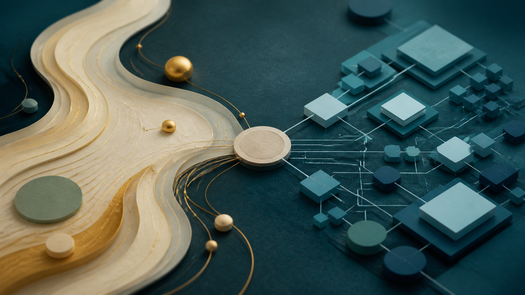 Cream-gold flowing planning forms and cyan modular instruments meet at a shared central junction