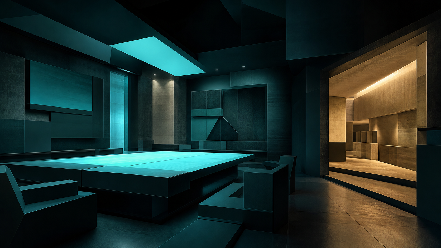 A dark teal control room with a bright cyan central table and a capable cream-gold side corridor