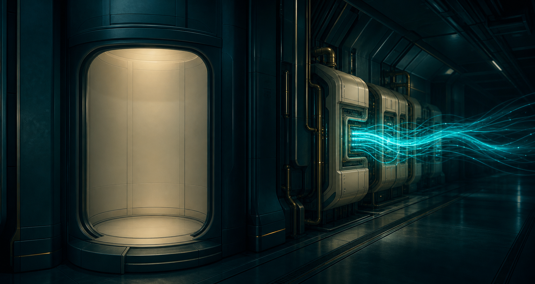 A quiet dark teal maintenance corridor feeding cyan energy into a background console