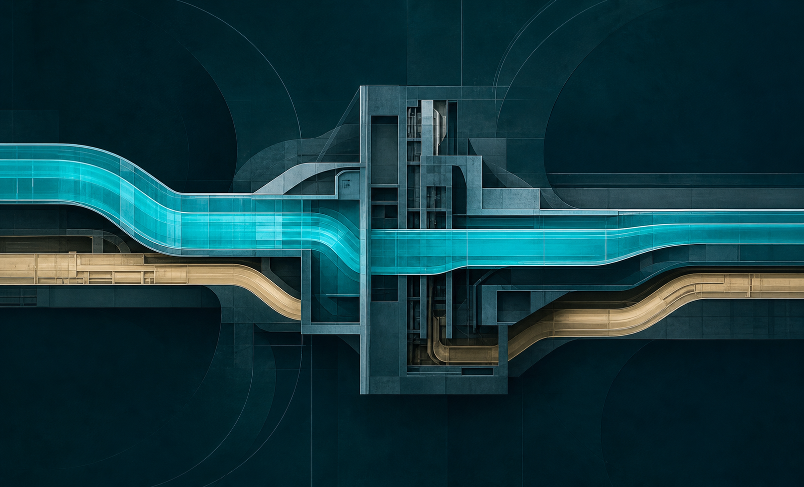 Parallel cyan and cream-gold architectural routes passing through a dark teal core