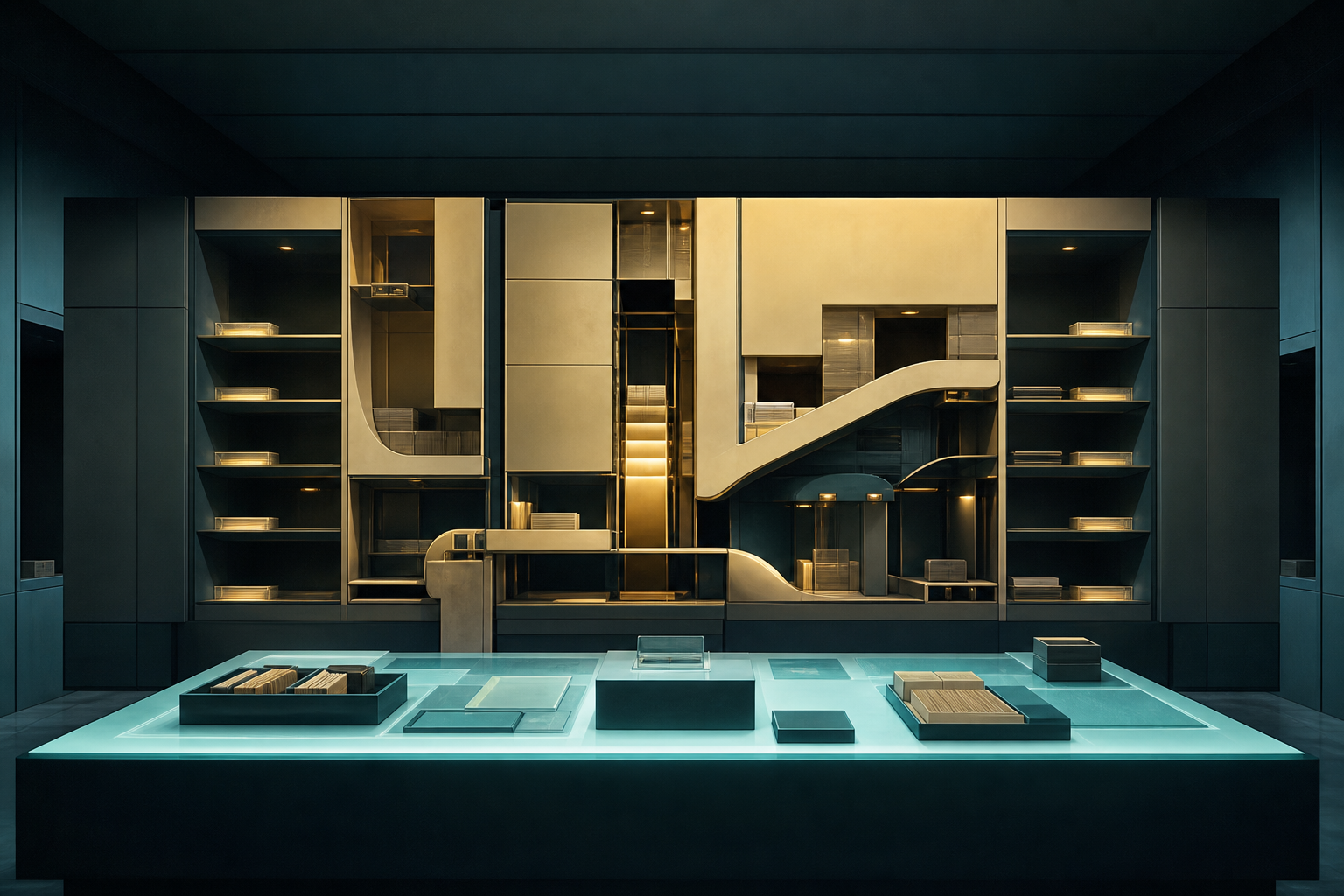 A cyan workbench before a cream-gold archival routing apparatus in a dark teal room