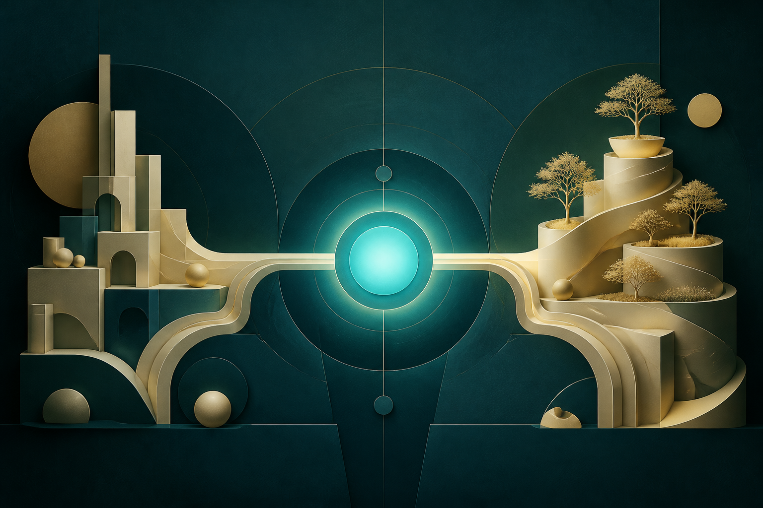 Cream-gold structures diverge from a luminous cyan foundation on a dark teal field