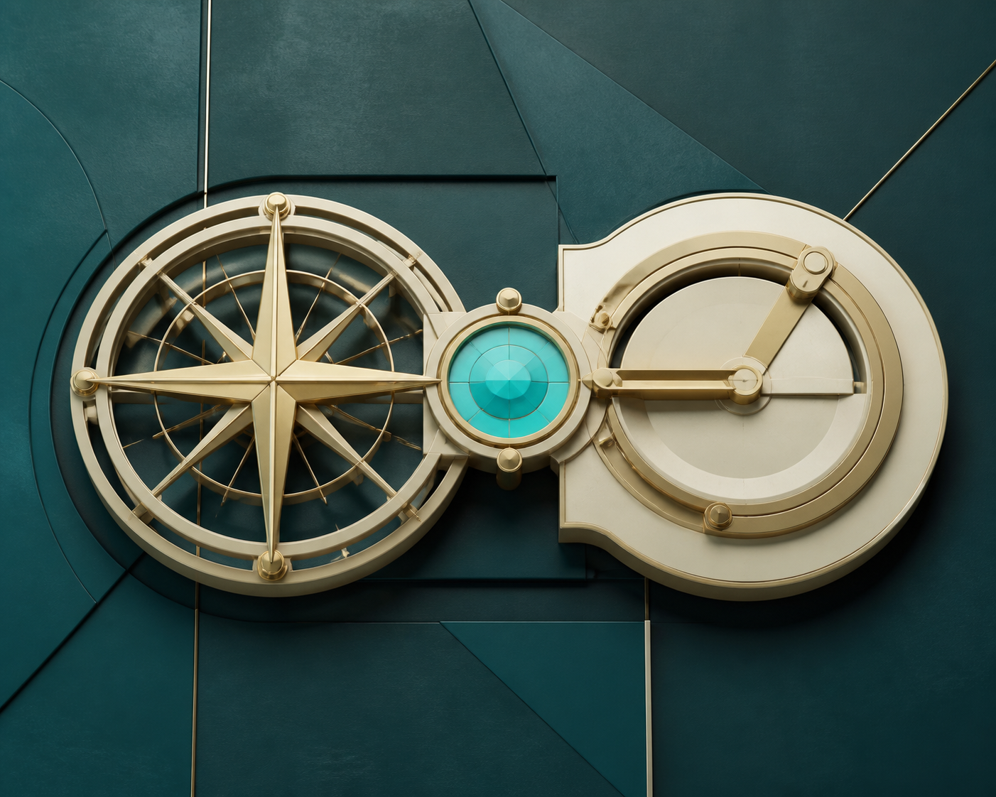 Two cream-gold instruments share a cyan calibration core on a dark teal field