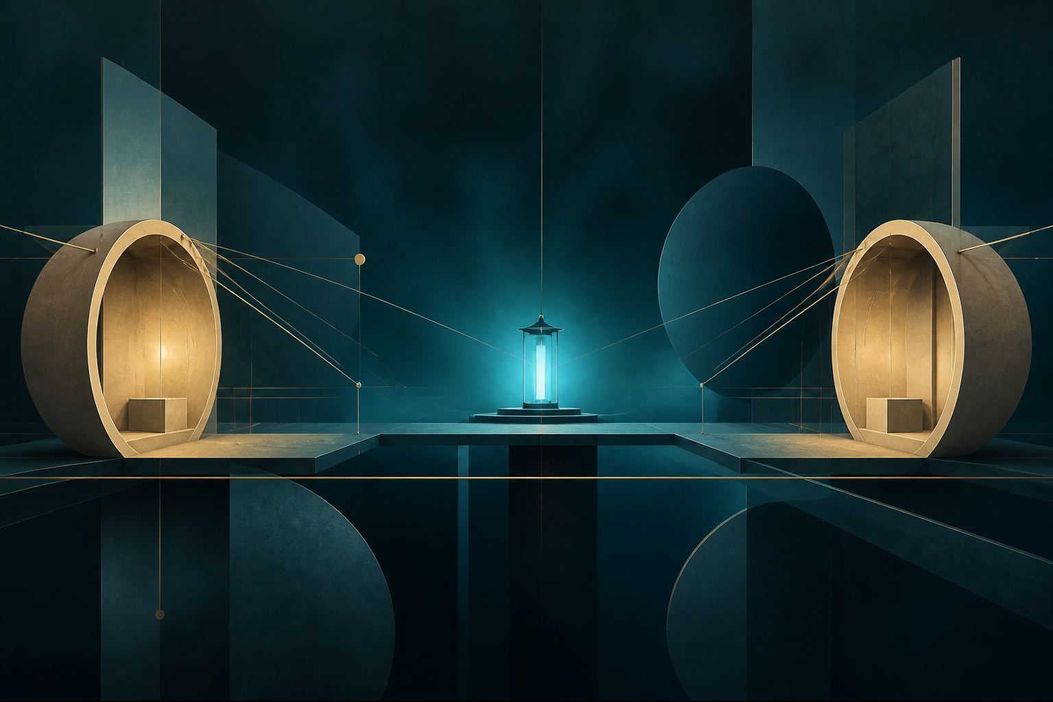 Two cream-gold circular shelters face a shared cyan lantern across a dark teal architectural space