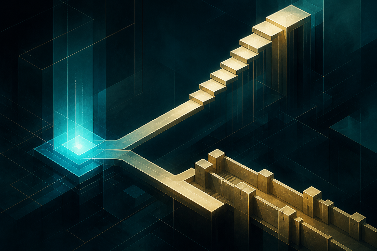 A luminous cyan foundation divides into an elevated cream-gold route and a grounded fortified route
