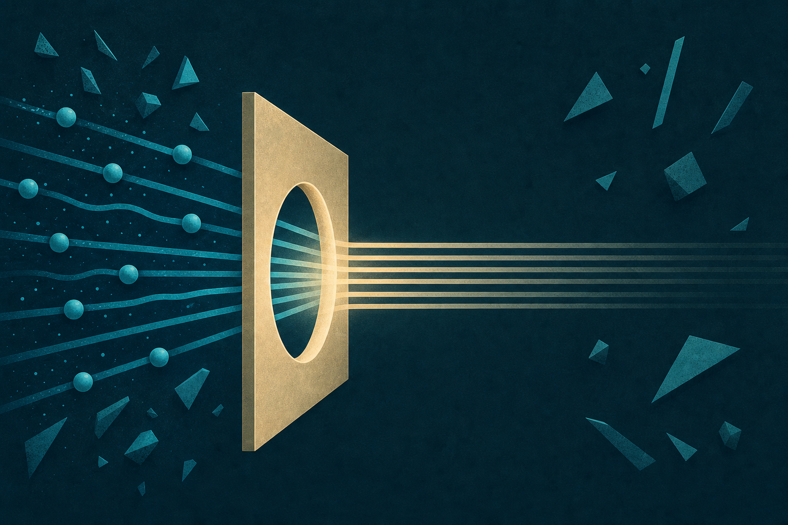 Cyan observations passing through a cream-gold aperture while fragments remain outside