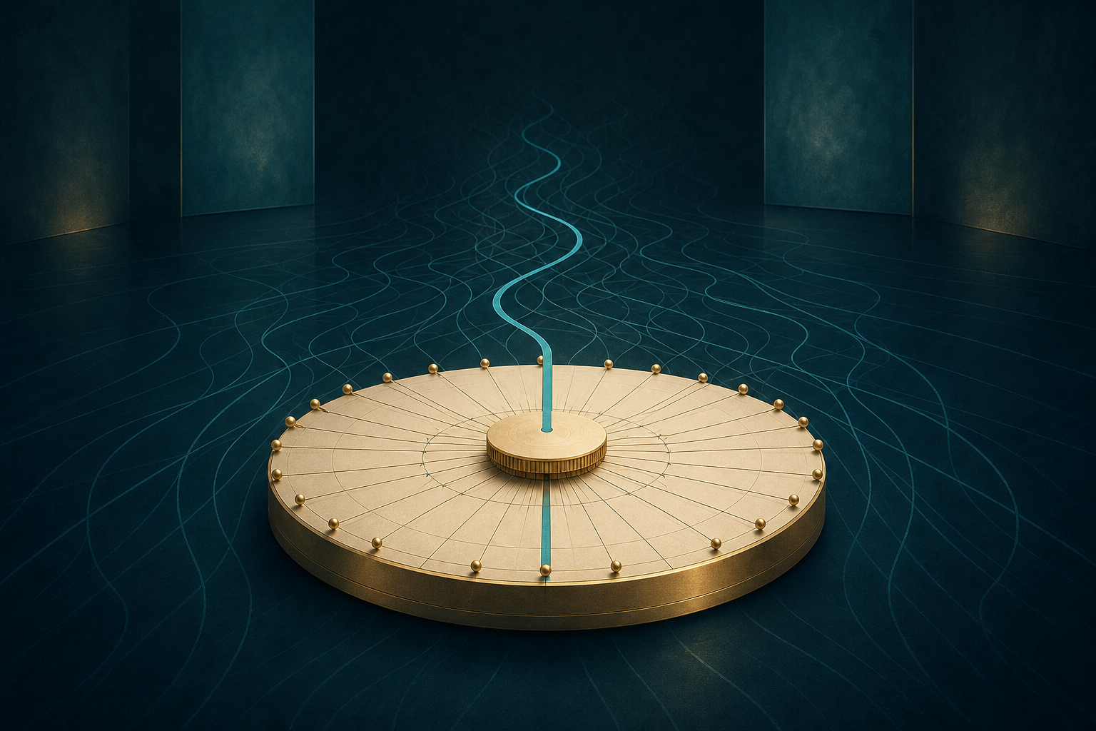 A cream-gold weighting device selecting one recurring cyan path from many possibilities