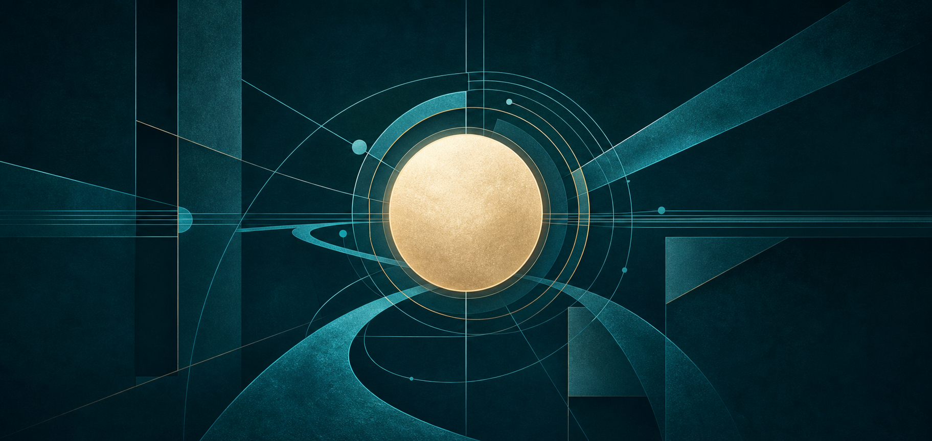 A cream-gold circular core holding cyan paths in relation on a dark teal field