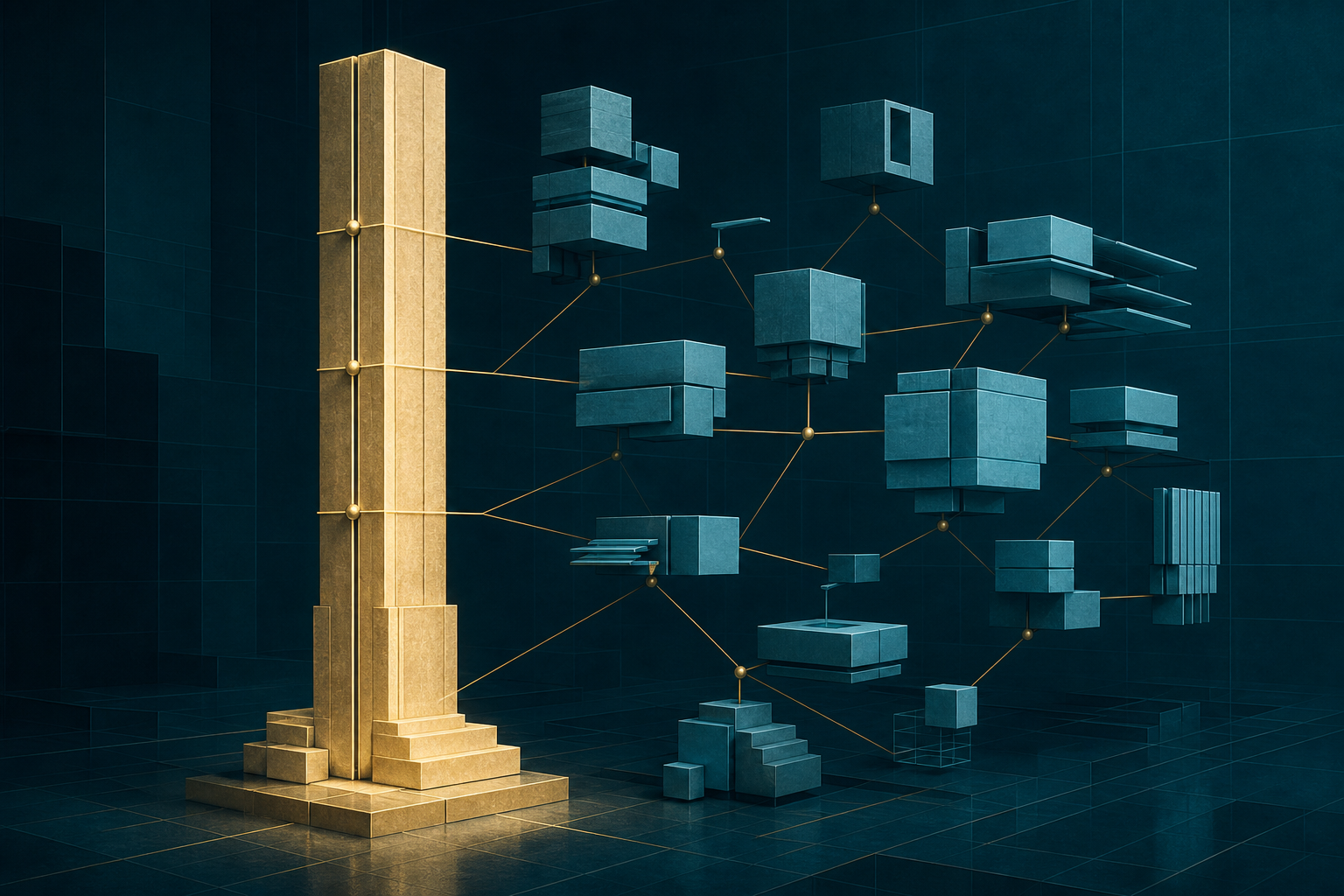 A cream-gold column anchoring cyan modular components in a dark teal system