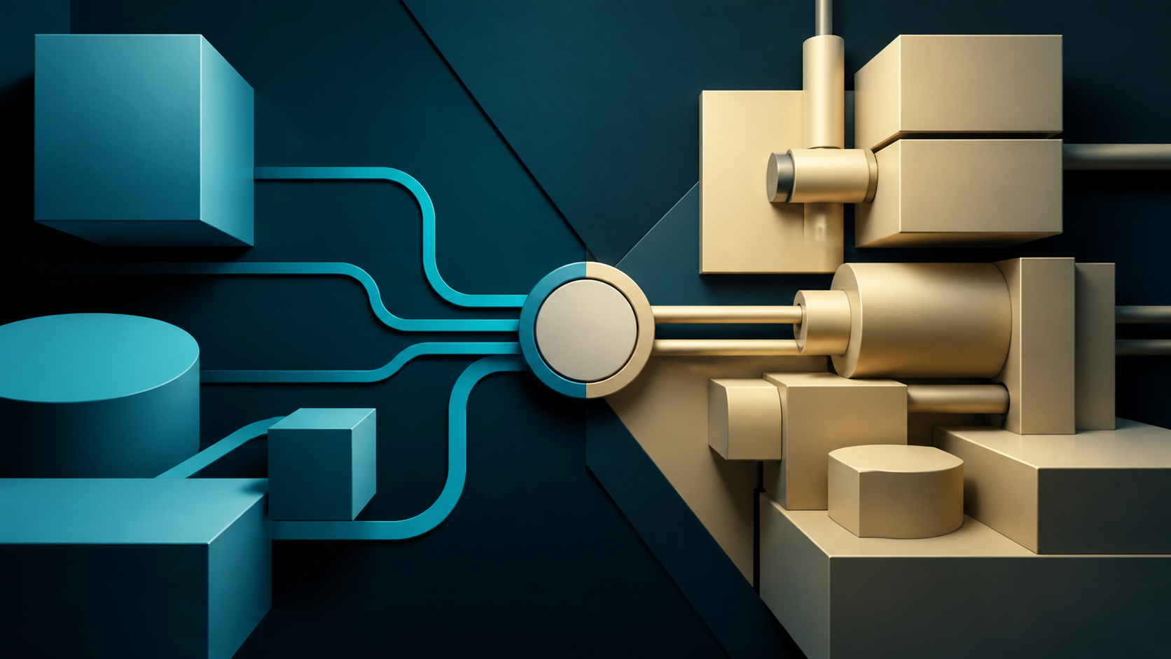 Cyan connected forms and cream-gold mechanical modules meet at a central joint on a dark teal field