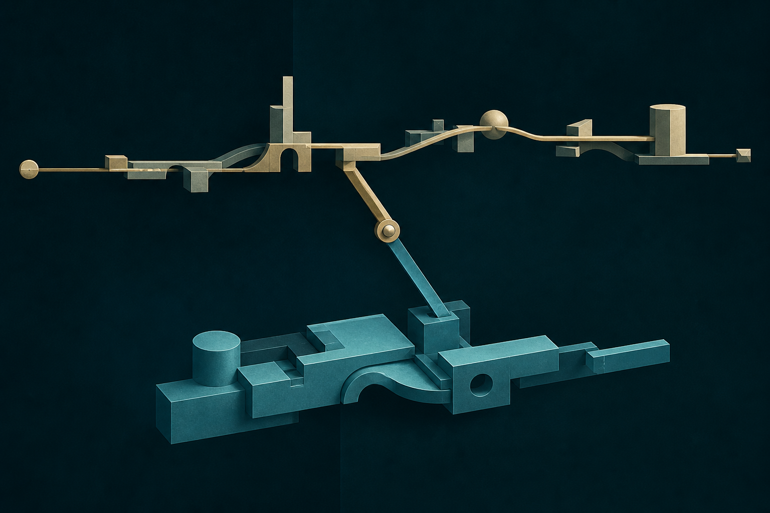 A cream-gold long-range structure and cyan close-range mechanism join at a central hinge on a dark teal field