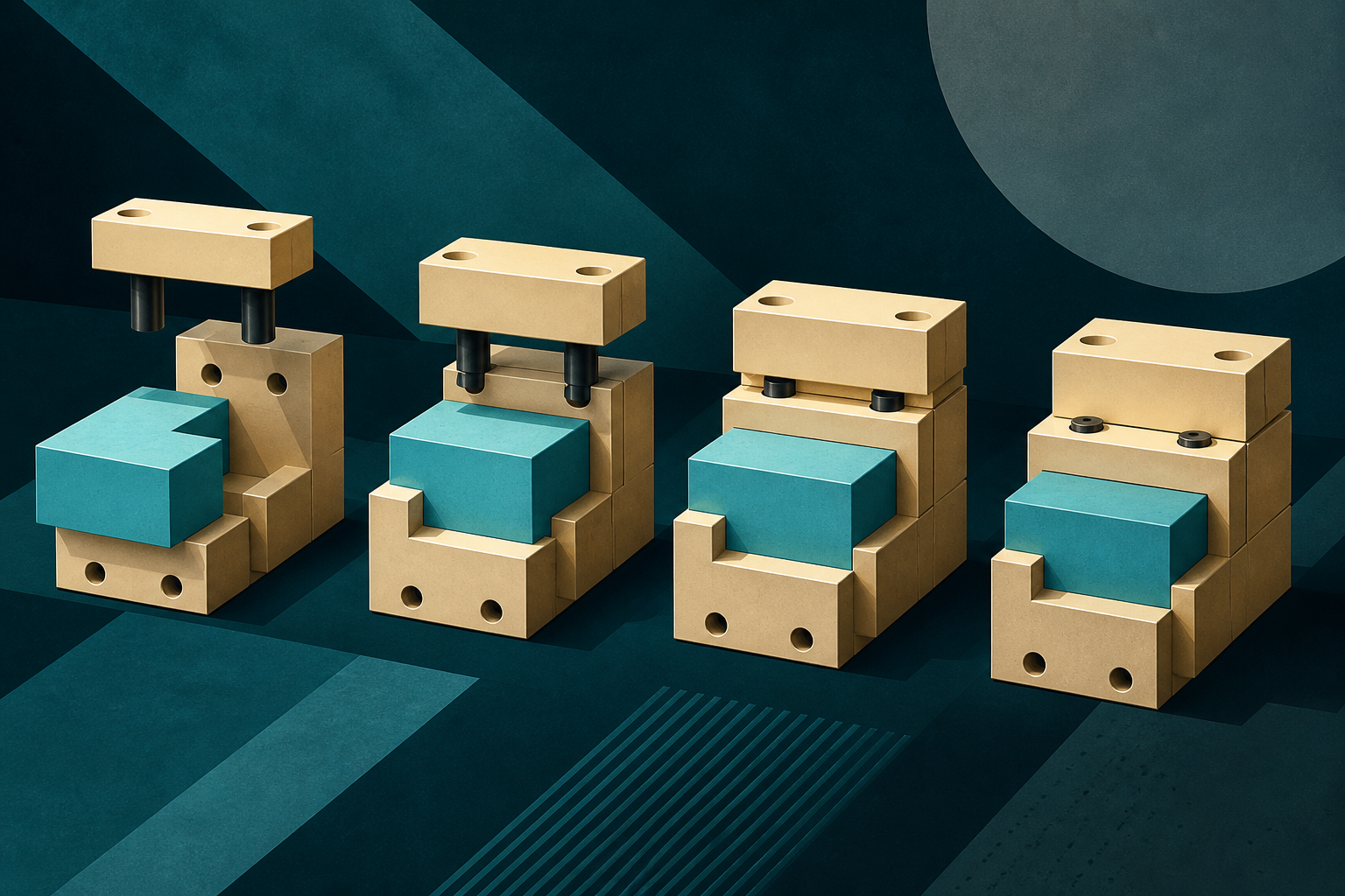 Cream-gold mechanical modules progressively fit cyan blocks more precisely on a dark teal field