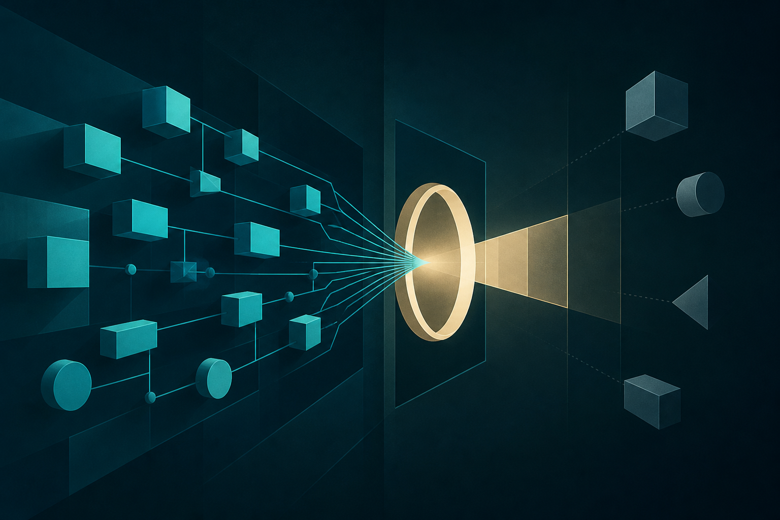 Cyan geometric causes converge through a cream-gold aperture on a dark teal field